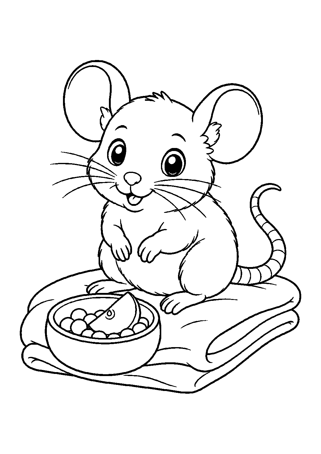 Ausmalbild mit einem Haustierbaby: ein Haustier-Rattenbaby auf einer gefalteten Decke neben einer Snackschale mit Erbsen und einer Apfelscheibe, mit großen Ohren, wachen Augen, Schnurrhaaren, kleinen Pfoten und langem gebogenem Schwanz. Geeignet für Kinder, Ausdrucke und Online-Ausmalen.