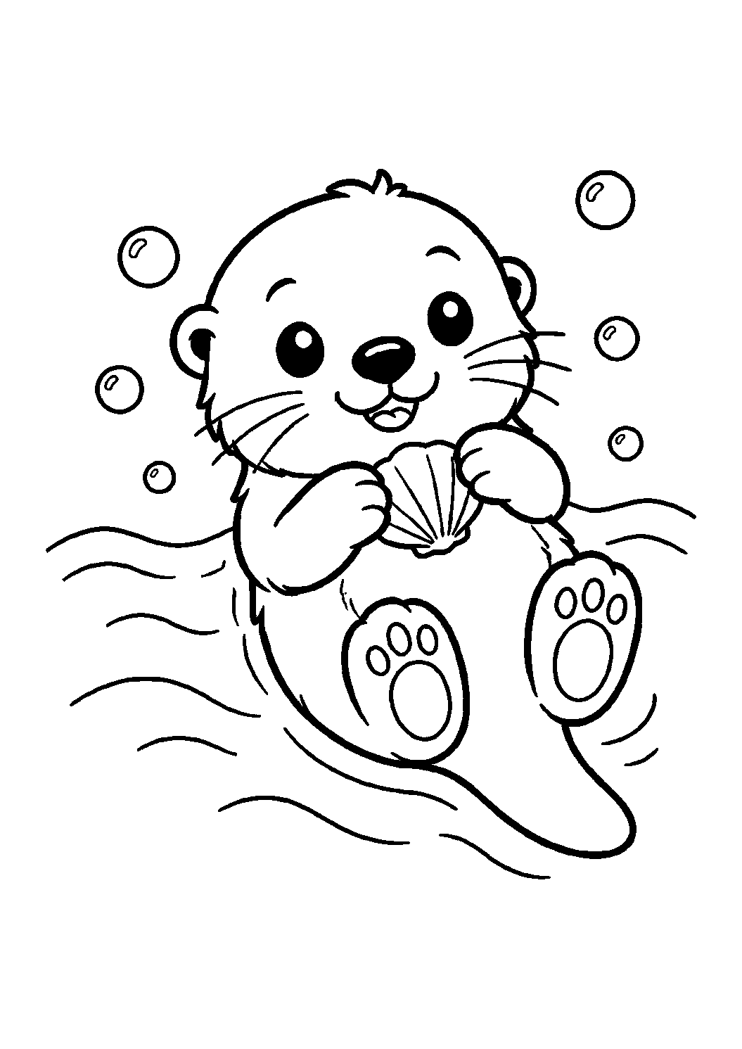 baby sea otter with shell coloring page with simple baby ocean animal line art for kids