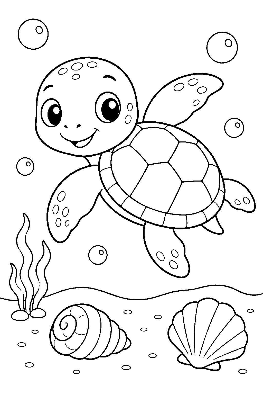 Baby-Meeresschildkröte mit Muscheln Ausmalbild