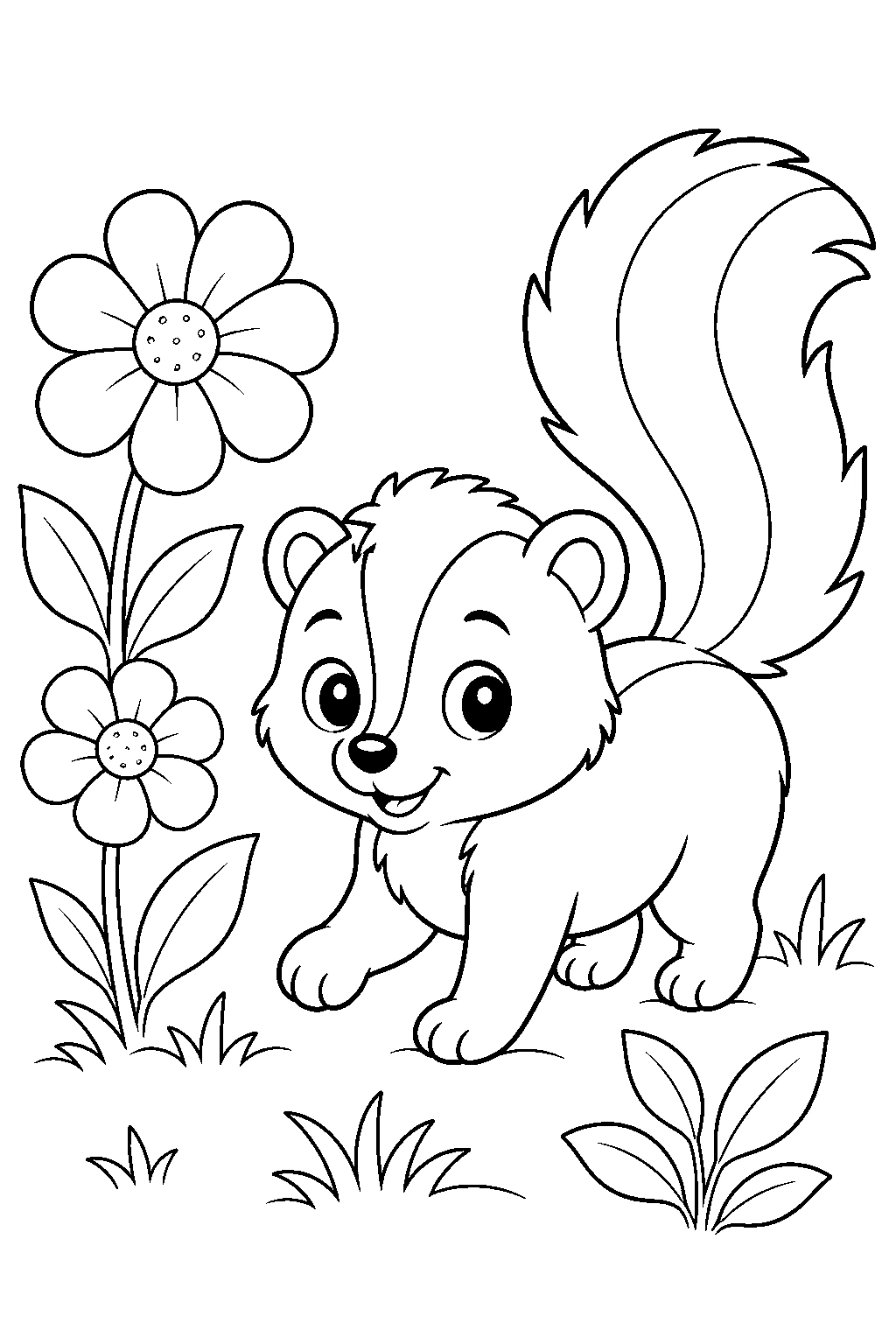 Coloriage bébé moufette avec fleurs