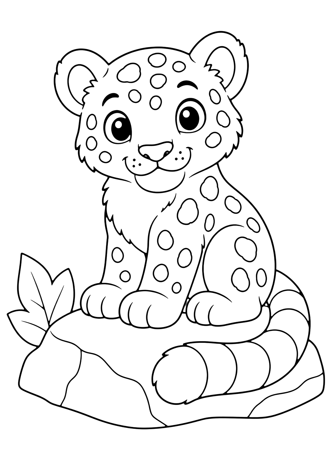 a baby zoo snow leopard cub on a rock coloring page with simple line art for kids