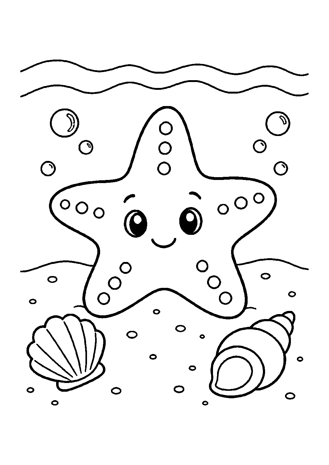 Disegno di cucciolo dell'oceano da colorare con una piccola stella marina sorridente sul fondale oceanico sabbioso, con due conchiglie, leggere linee d'onda e alcune bolle. Adatto a bambini, stampa e colorazione online.