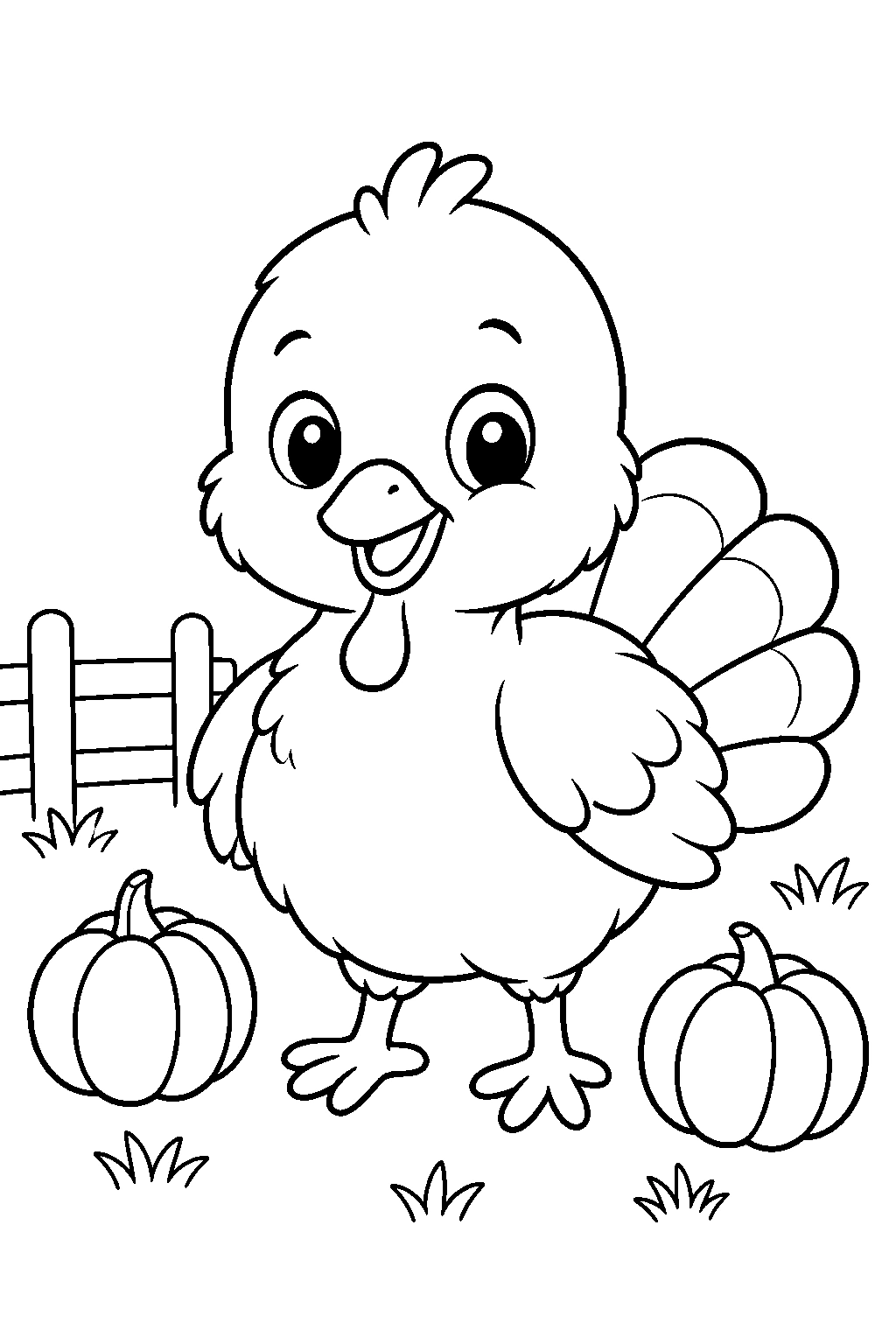 Baby Turkey Poult With Pumpkins Coloring Page