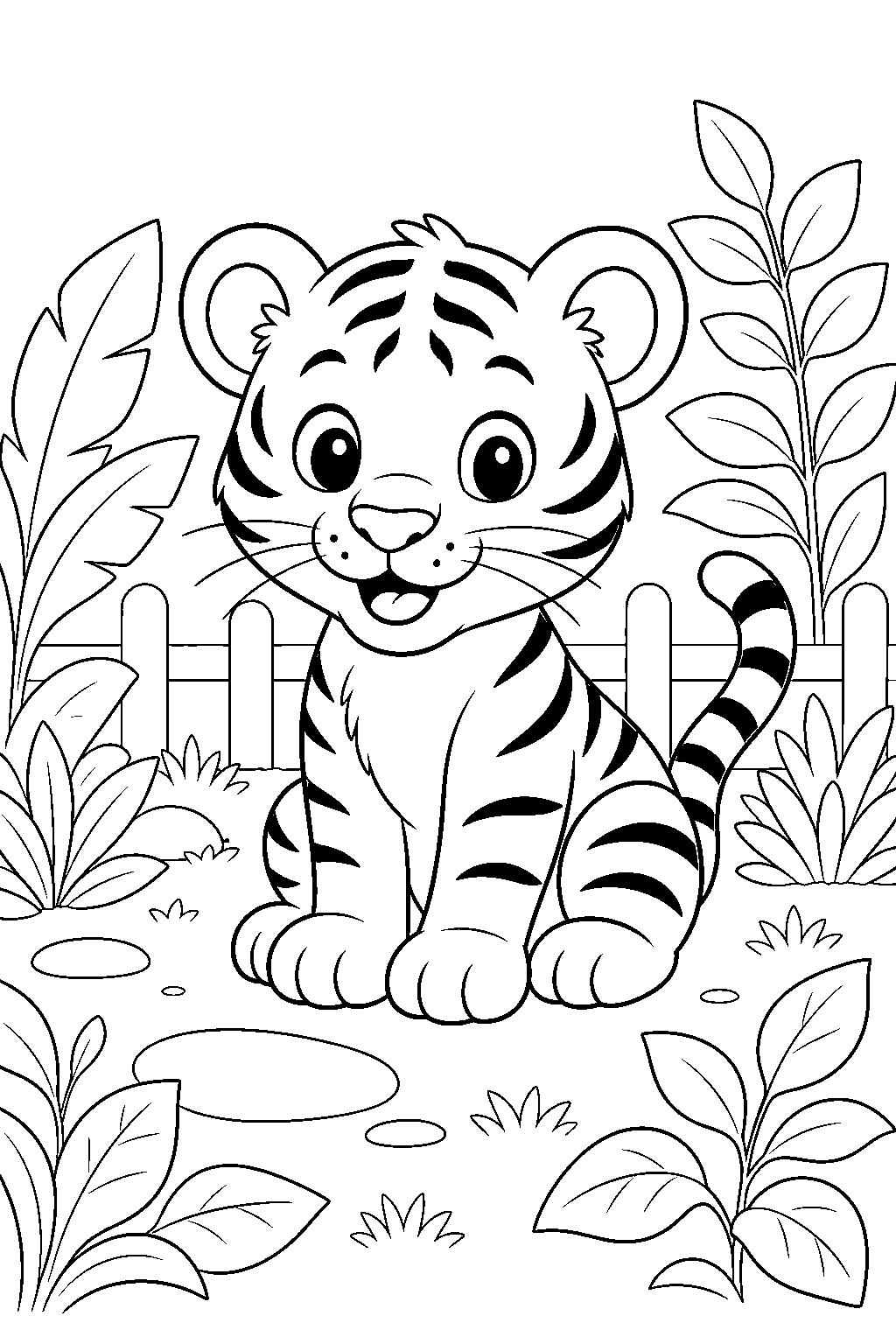 Baby Zoo Tiger Cub With Leaves Coloring Page