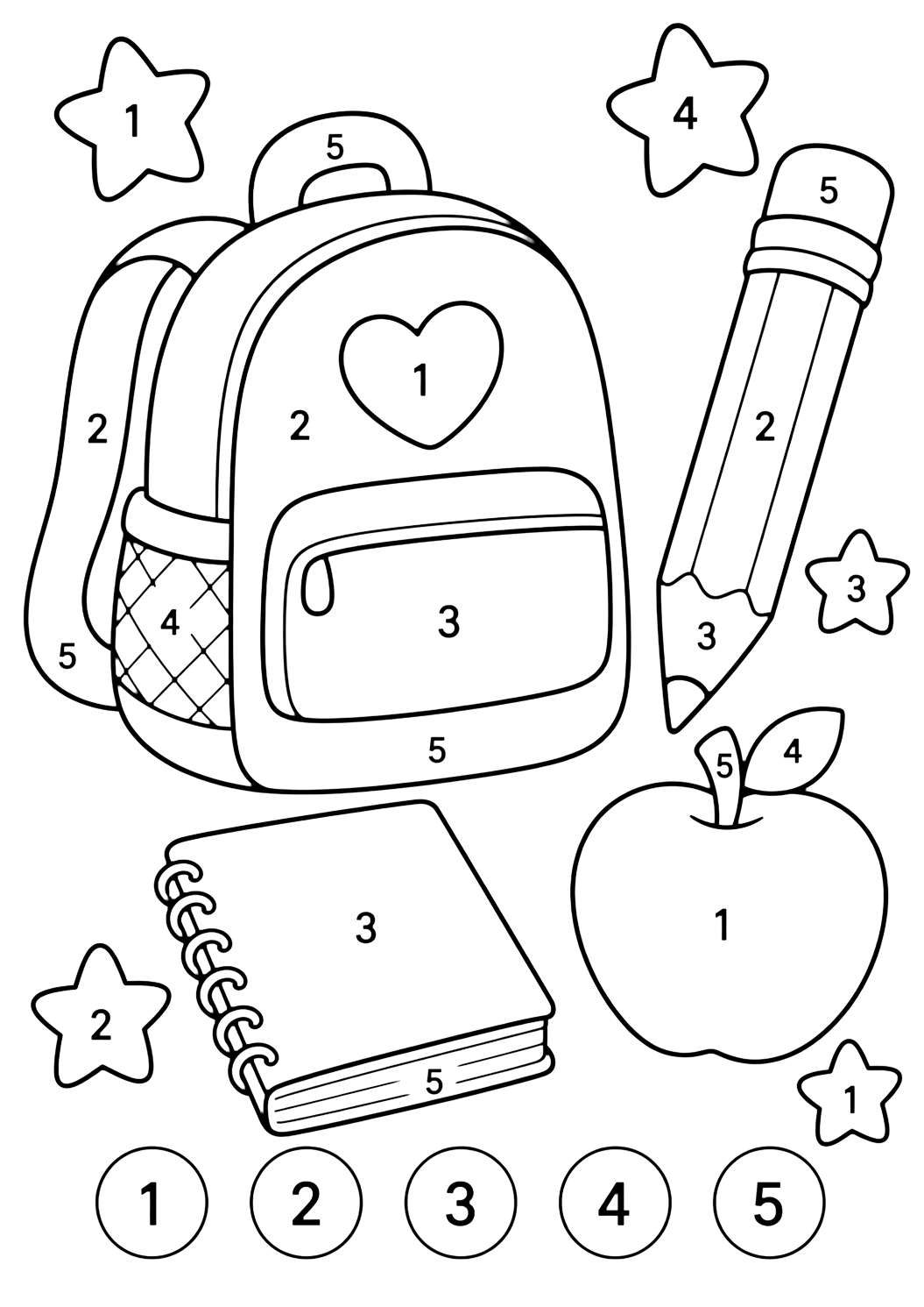 Coloriage avec une image scolaire segmentée avec sac, crayon, pomme, petit livre et étoiles, avec de grandes zones numérotées de 1 à 5. Idéal pour enfants, rentrée scolaire, impression et coloriage en ligne.