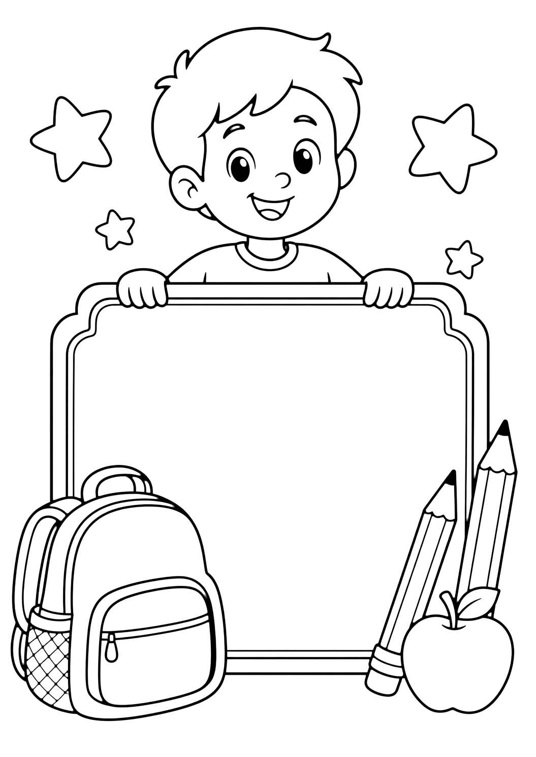 Ausmalbild mit ein fröhliches Kind mit einem großen leeren Schulschild, dazu Ranzen, Bleistifte, Apfel und Sterne. Geeignet für Kinder, Schulstart, Ausdrucke und Online-Ausmalen.