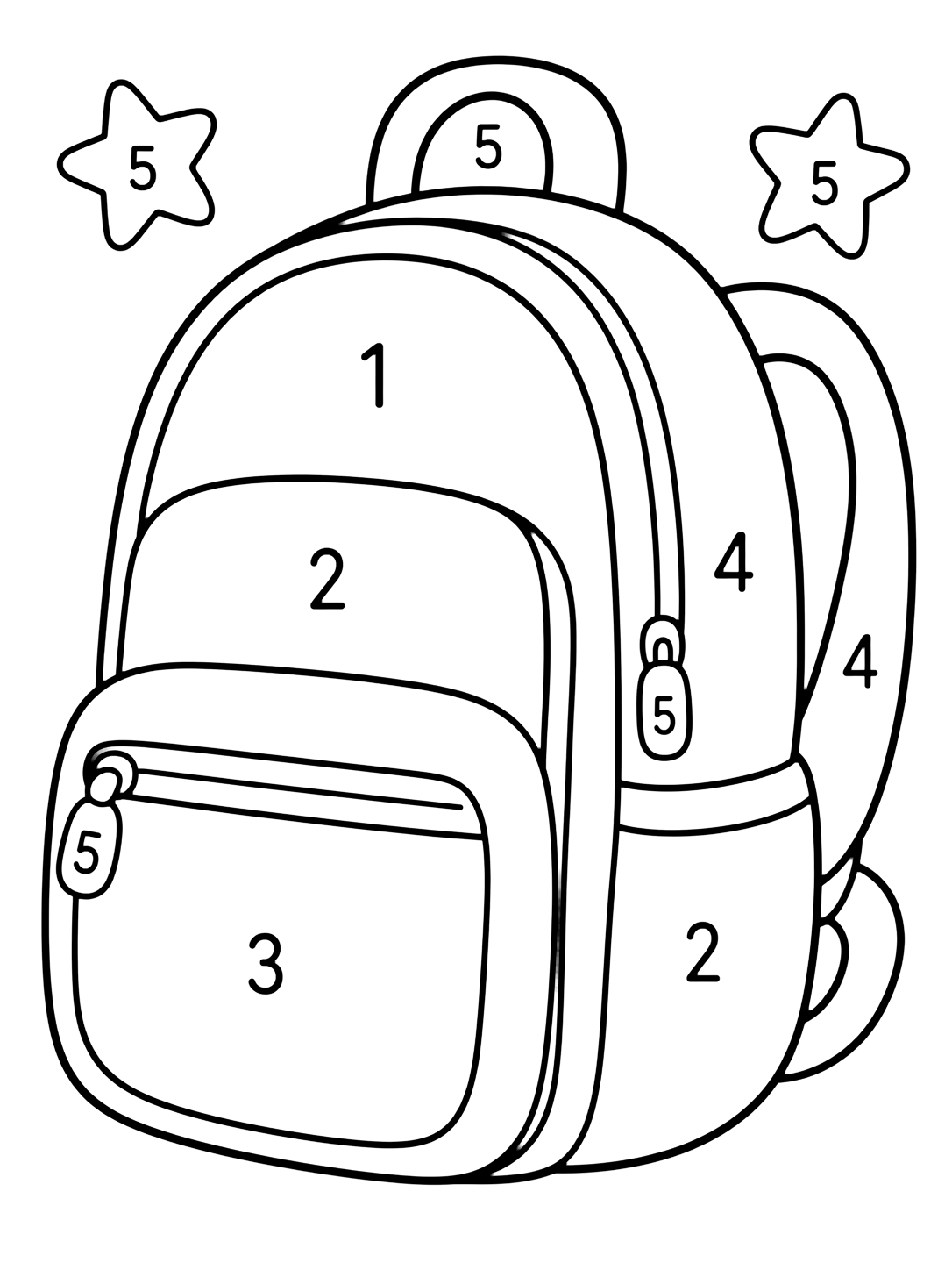 Coloriage avec un grand sac doodle avec des poches arrondies et de larges zones numérotées de 1 à 5. Idéal pour enfants, rentrée scolaire, impression et coloriage en ligne.