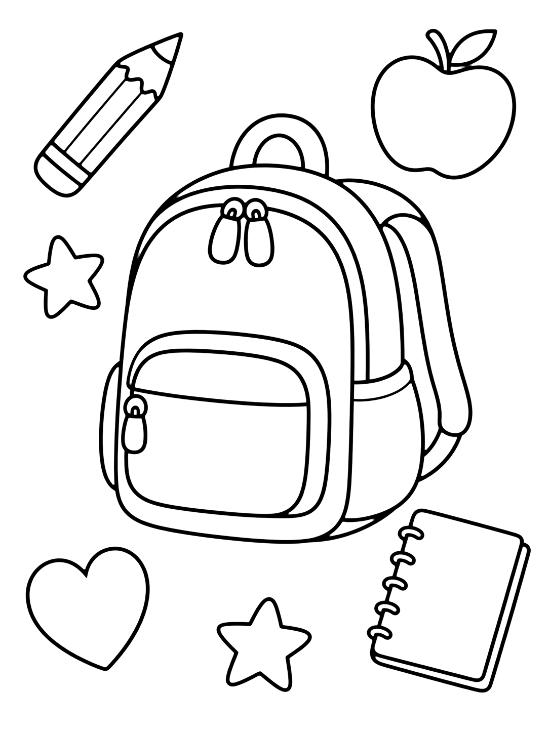 backpack doodle coloring page with one large simple backpack surrounded by roomy doodle icons, including a pencil, apple, stars, heart, and small notebook for kids