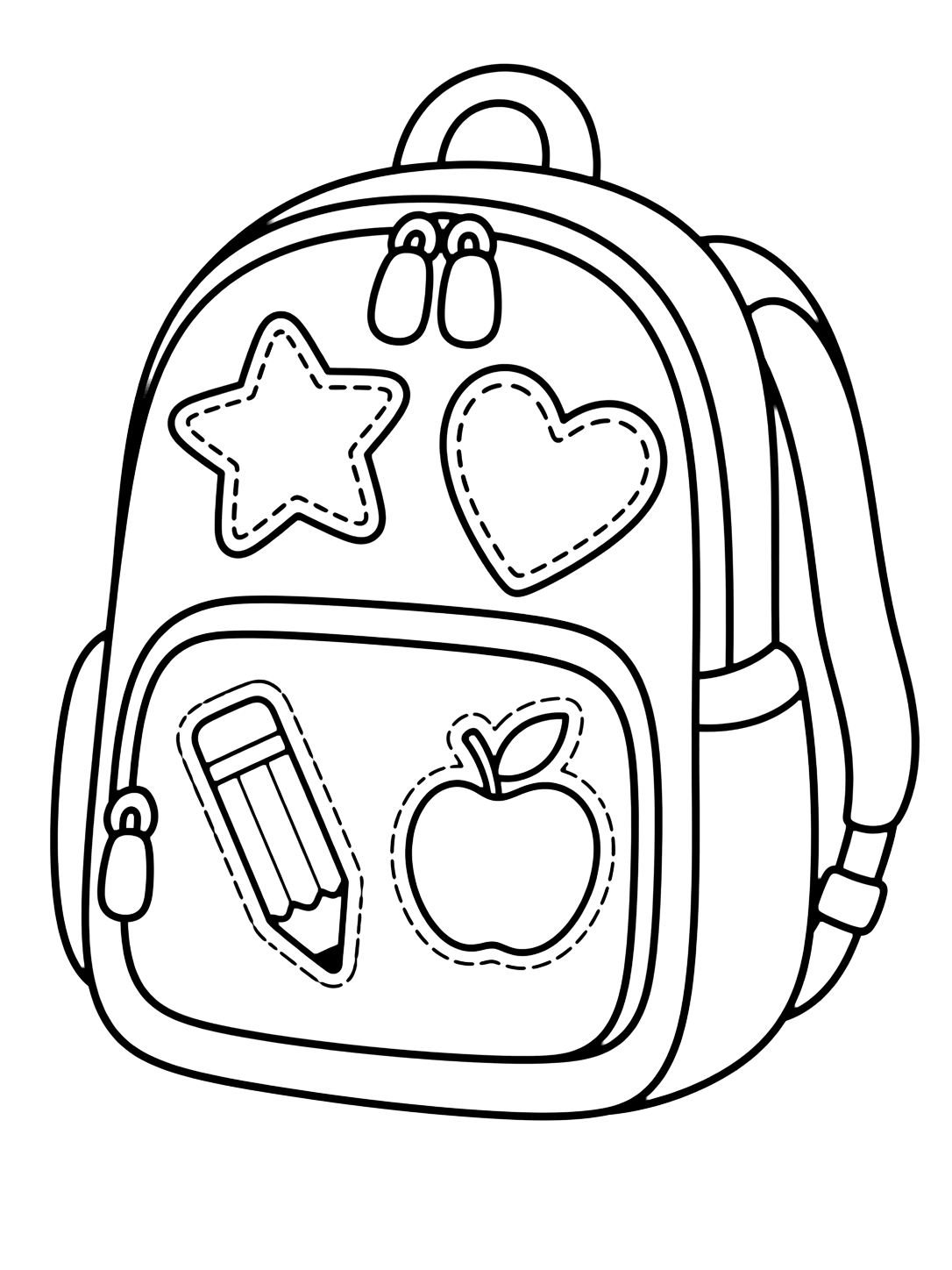backpack with doodle patches coloring page with one large backpack with four big doodle-style patches: a star, heart, pencil, and apple, plus a simple pocket and zipper pulls for kids