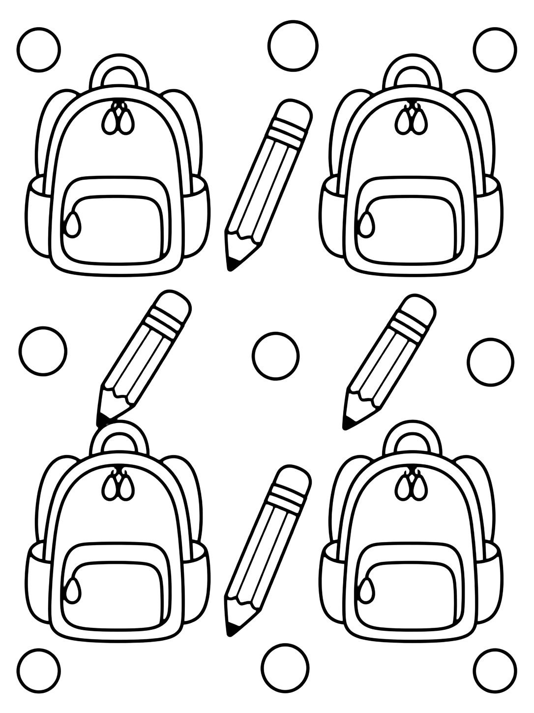 backpack and pencil pattern coloring page with a simple repeating pattern with four large backpacks, four large pencils, and a few big circles as easy decorative fillers for kids