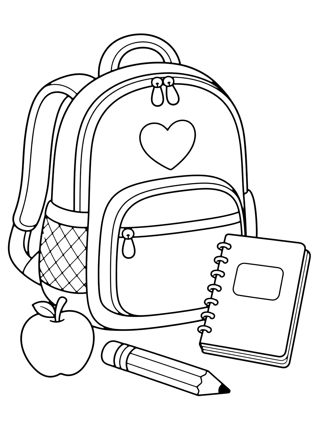 Ausmalbild mit einen großen Schulrucksack mit Vordertasche, Reißverschlüssen, Bleistift, Apfel und Heft daneben. Geeignet für Kinder, Schulstart, Ausdrucke und Online-Ausmalen.