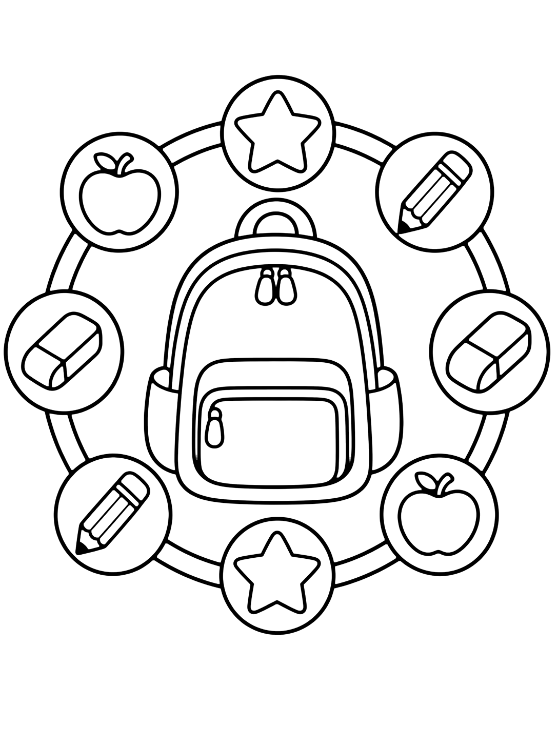 backpack mandala coloring page with one large backpack in the center with a simple circular ring of pencils, apples, stars, and erasers around it for kids
