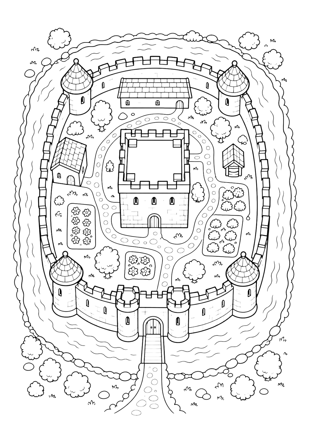 Dibujo de castillo medieval con patio visto desde arriba para colorear con una vista aérea de un castillo medieval con patio, con muralla exterior ovalada, cuatro pequeñas torres de esquina, una torre interior cuadrada, diseño sencillo de caminos del patio, zonas de jardín, puerta fortificada abajo, almenas en el muro y un foso estrecho alrededor. Ideal para niños, impresión, descarga y coloreado online.