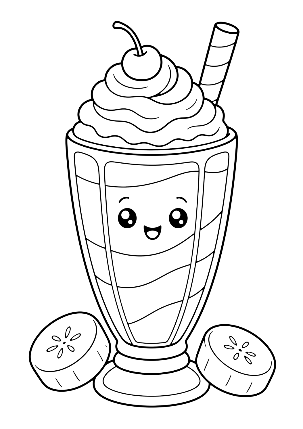 krem şantili, üstünde kirazlı, geniş pipetli, iki büyük muz dilimli, sade milkshake kıvrımlı ve bardağında gülümseyen yüzlü uzun bardakta muzlu milkshake içeren milkshake boyama sayfası. Çocuklar, yazdırma ve çevrim içi boyama için uygundur.