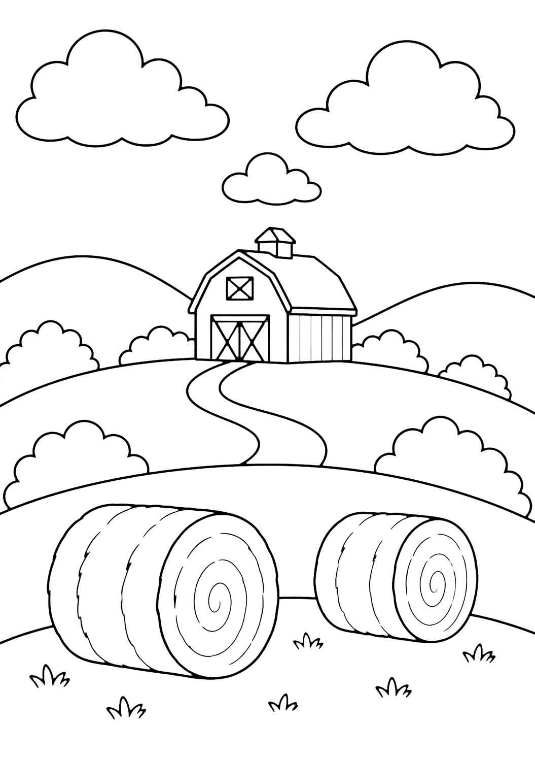 Coloriage de collines douces avec une grange simple sur une colline au milieu, deux bottes de foin au premier plan, un petit chemin vers la grange, des courbes de collines, des buissons ronds, de grands nuages et un ciel ouvert. Idéal pour enfants, nature, impression et coloriage en ligne.