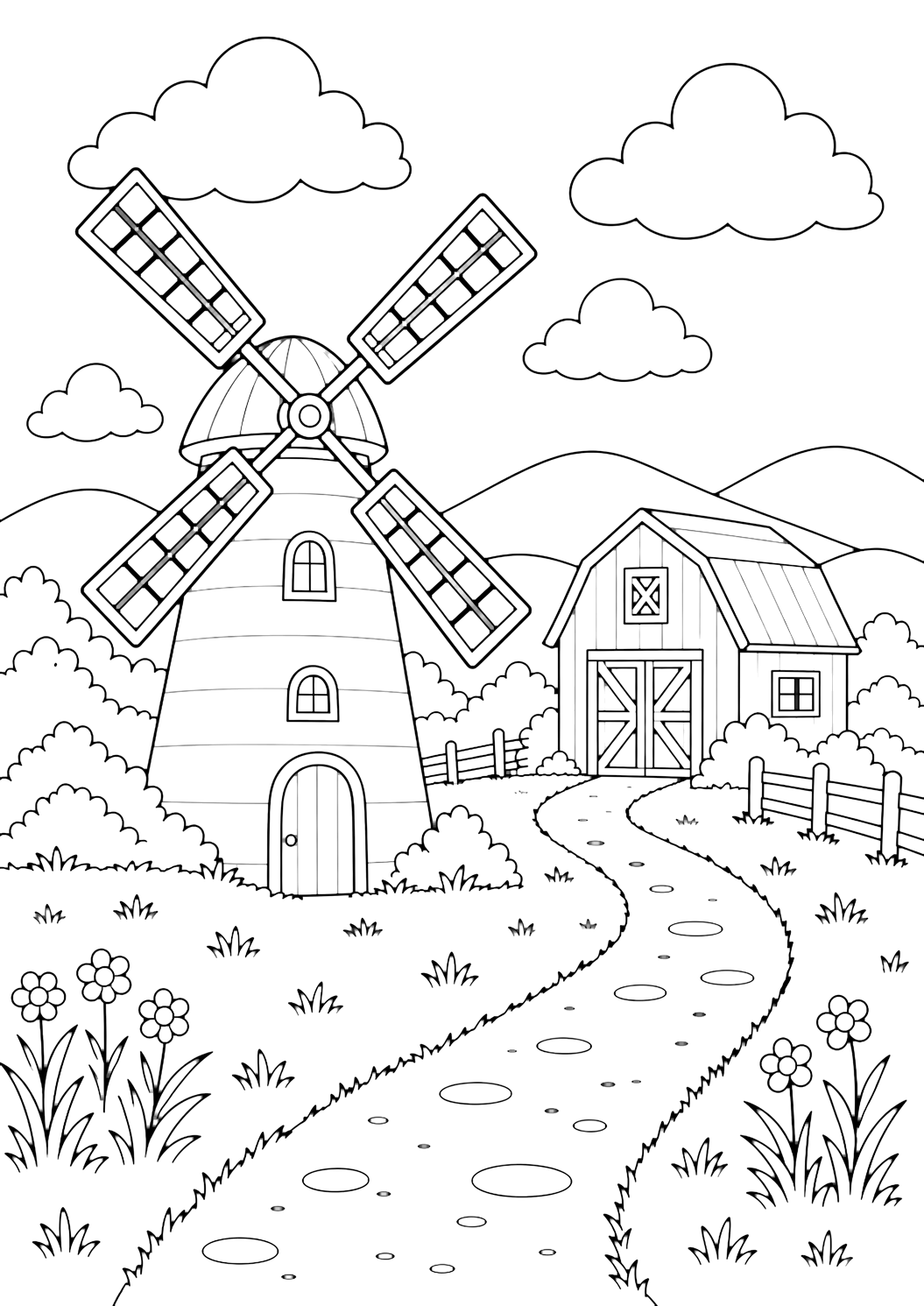 Ausmalbild mit einer Windmühle und eine Windmühle neben einer kleinen Scheune auf einer offenen ländlichen Wiese, ein einfacher Weg, niedrige runde Hügel, große Wolken und weiter Himmel. Geeignet für Kinder, Landschaften, Ausdrucke und Online-Ausmalen.