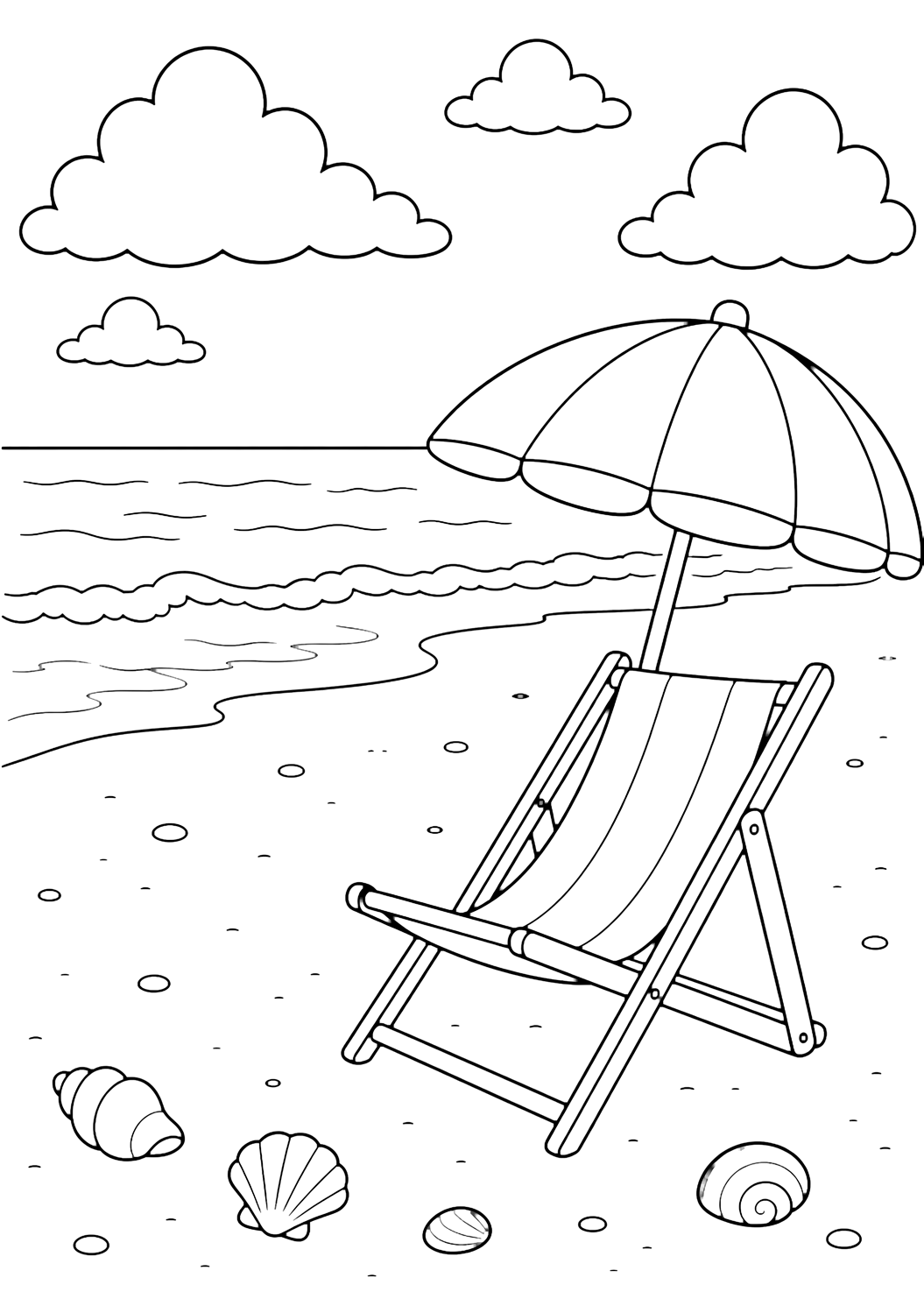 Ausmalbild vom Sandstrand mit ein einfacher klappbarer Strandstuhl auf offenem Sand unter einem kleinen runden Sonnenschirm, mit einer einfachen Uferlinie, sanften Meereswellen, einigen glatten Muscheln, großen Wolken und weitem Himmel. Geeignet für Kinder, Sommer, Ausdrucke und Online-Ausmalen.