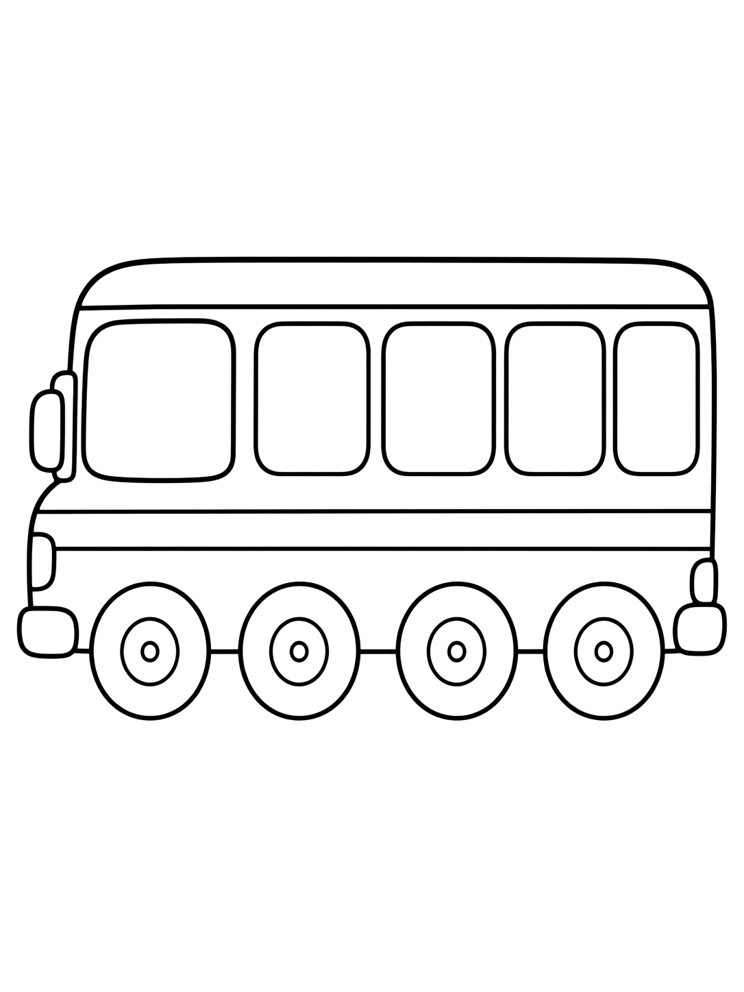 Einfaches Ausmalbild mit einen einfachen Schulbus von der Seite mit vier vollständig sichtbaren Rädern, großen runden Fenstern und leeren Flächen. Geeignet für Kinder, Ausdrucke und Online-Ausmalen.