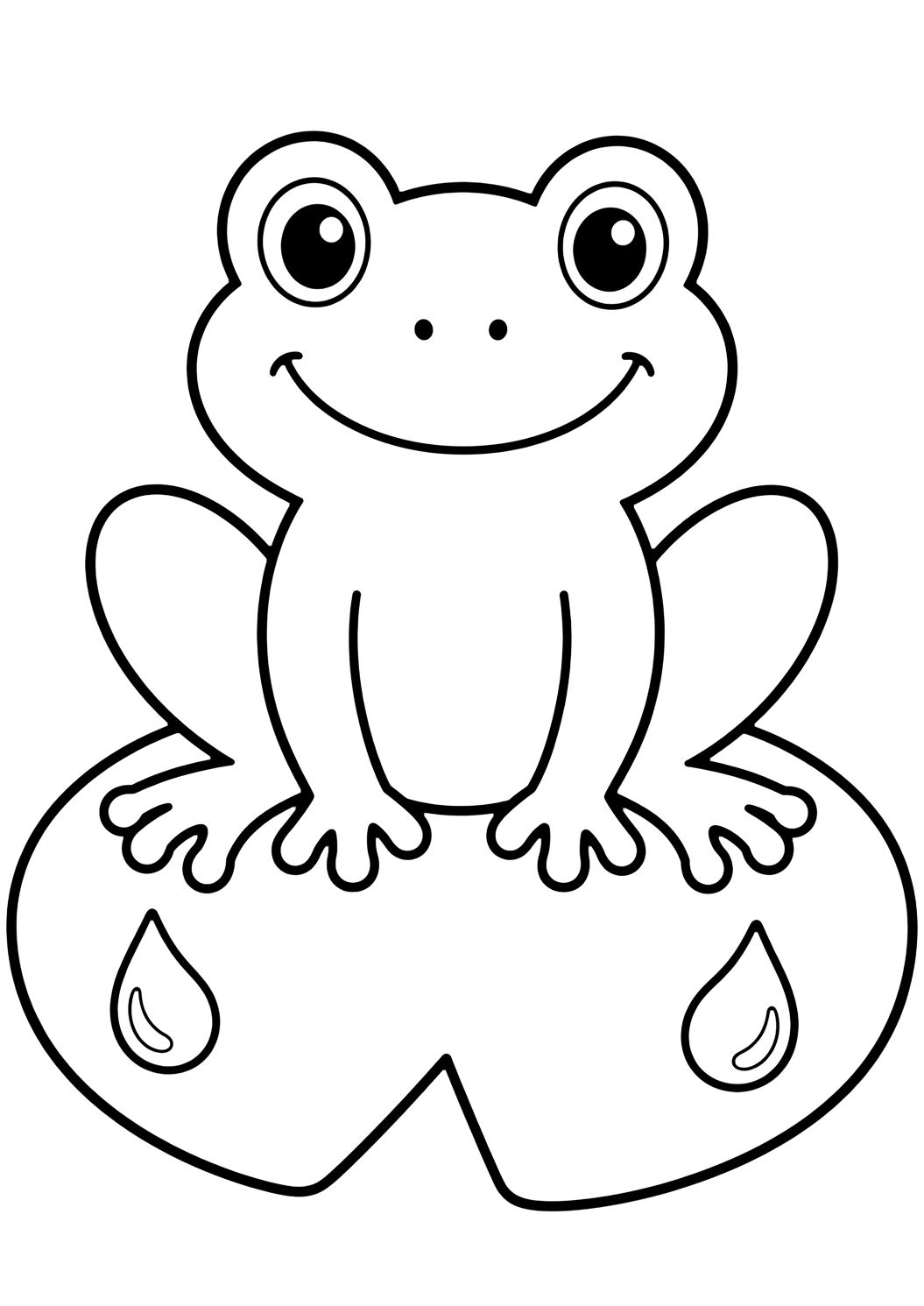 Disegno di animale con grandi spazi da colorare con una rana simpatica seduta su una grande ninfea, con grandi occhi rotondi, ampio sorriso, zampe anteriori semplici, grandi zampe posteriori e due grandi gocce d'acqua. Adatto a bambini, stampa e colorazione online.