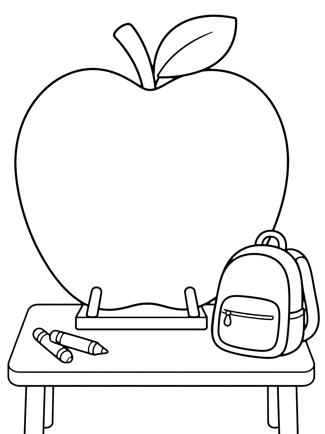 Disegno da colorare con un grande cartello a forma di mela con centro vuoto su un piccolo banco, con due pastelli e uno zaino. Adatto a bambini, scuola, stampa e colorazione online.
