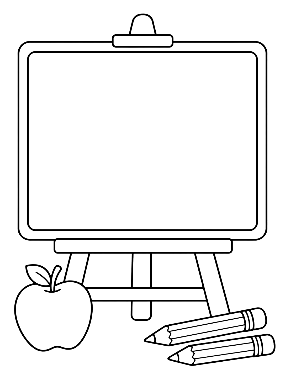 Dibujo para colorear con un cartel grande en blanco estilo pizarra de aula sobre un caballete sencillo, con una manzana y dos lápices abajo. Ideal para niños, actividades escolares, impresión y coloreado online.