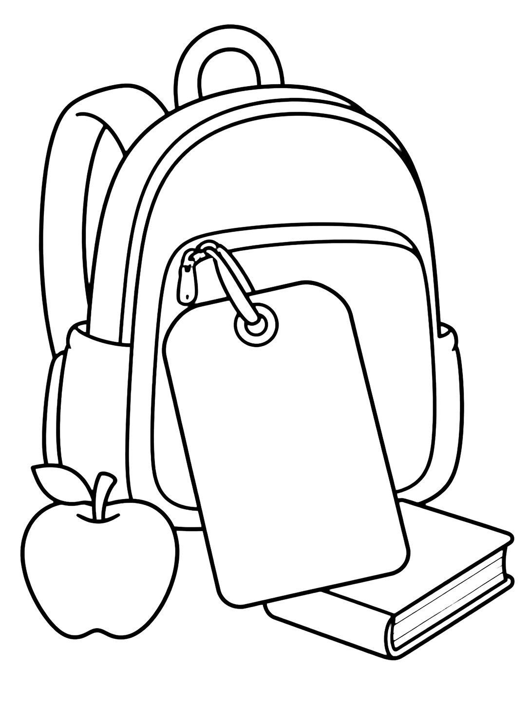 Disegno da colorare con un grande zaino con una grande etichetta rettangolare vuota appesa alla cerniera, più una mela e un libro accanto. Adatto a bambini, scuola, stampa e colorazione online.