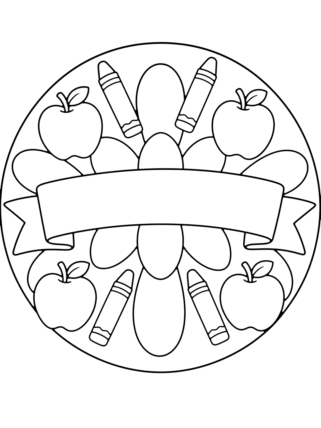 Disegno da colorare con un mandala rotondo semplice con un grande banner a nastro vuoto al centro, quattro mele, quattro pastelli e petali arrotondati ampi. Adatto a bambini, scuola, stampa e colorazione online.