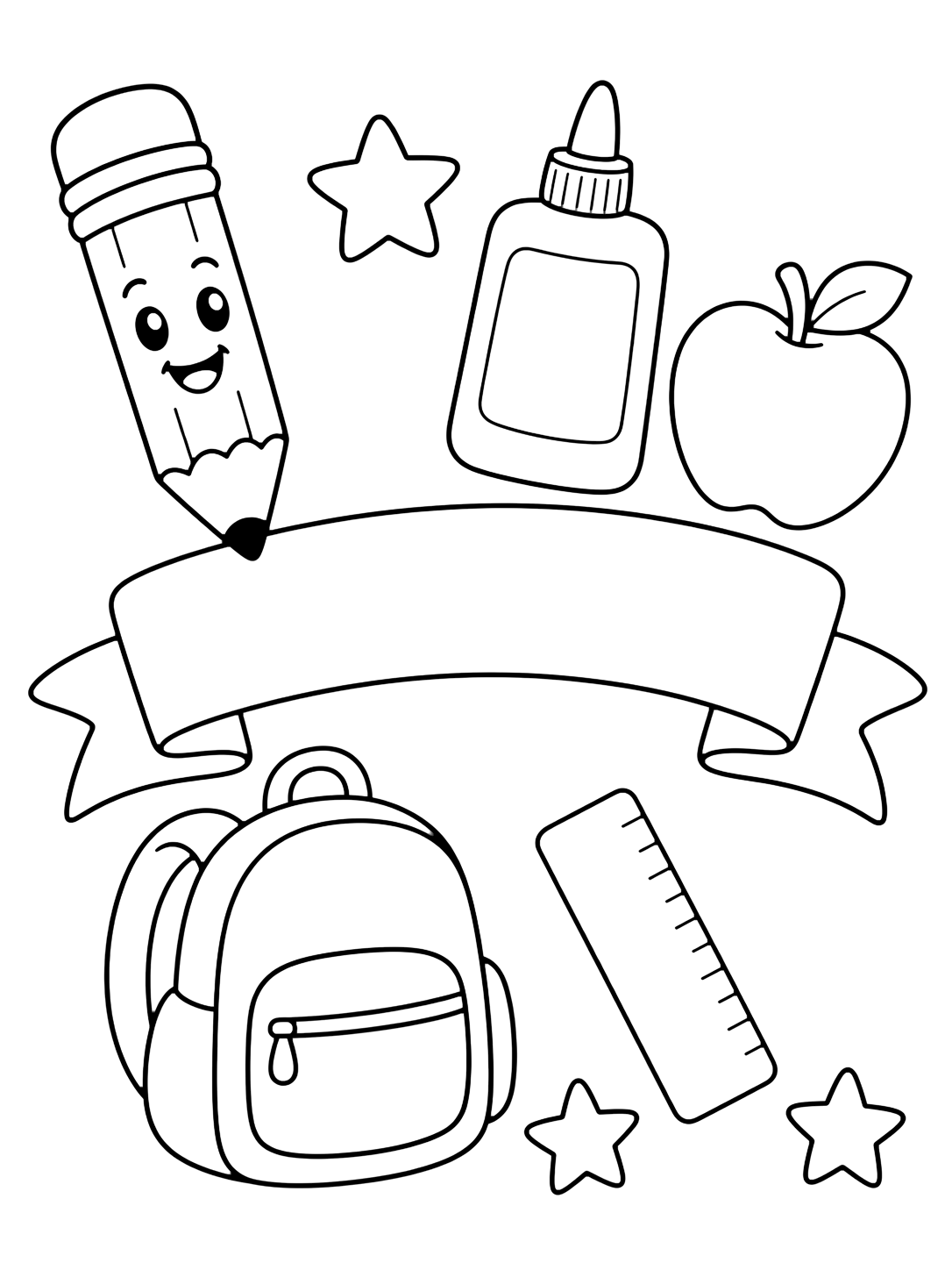 Ausmalbild mit ein leeres gebogenes Banner, umgeben von lächelndem Bleistift, Kleber ohne Etikett, Lineal ohne Zahlen, Apfel, Rucksack und drei einfachen Sternen. Geeignet für Kinder, Schulstart, Ausdrucke und Online-Ausmalen.
