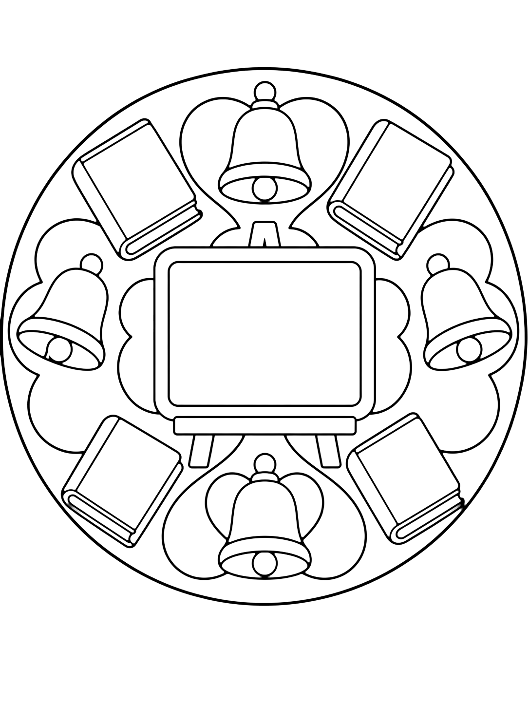 Ausmalbild mit ein einfaches rundes Mandala mit großem leerem Tafelschild in der Mitte, vier leeren Büchern, vier Schulglocken und breiten Blütenformen. Geeignet für Kinder, Schulstart, Ausdrucke und Online-Ausmalen.