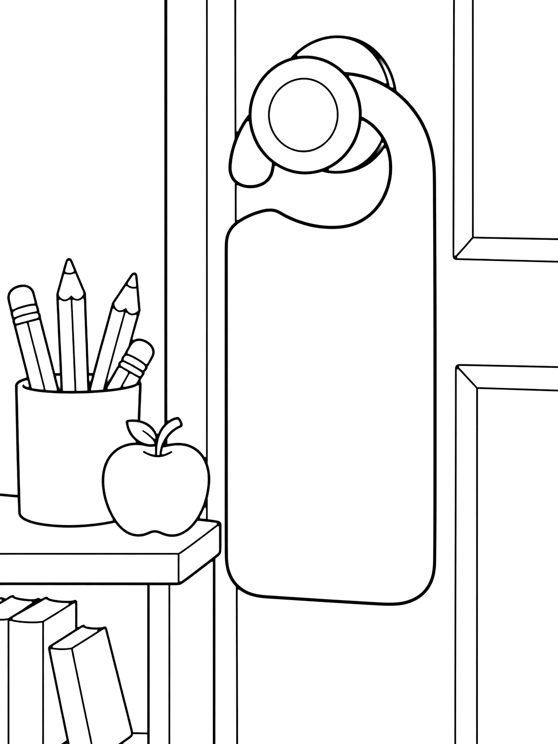 Dibujo para colorear con un colgador grande en blanco en la perilla de una puerta de aula, con un portalápices y una manzana pequeña en un estante cercano. Ideal para niños, actividades escolares, impresión y coloreado online.