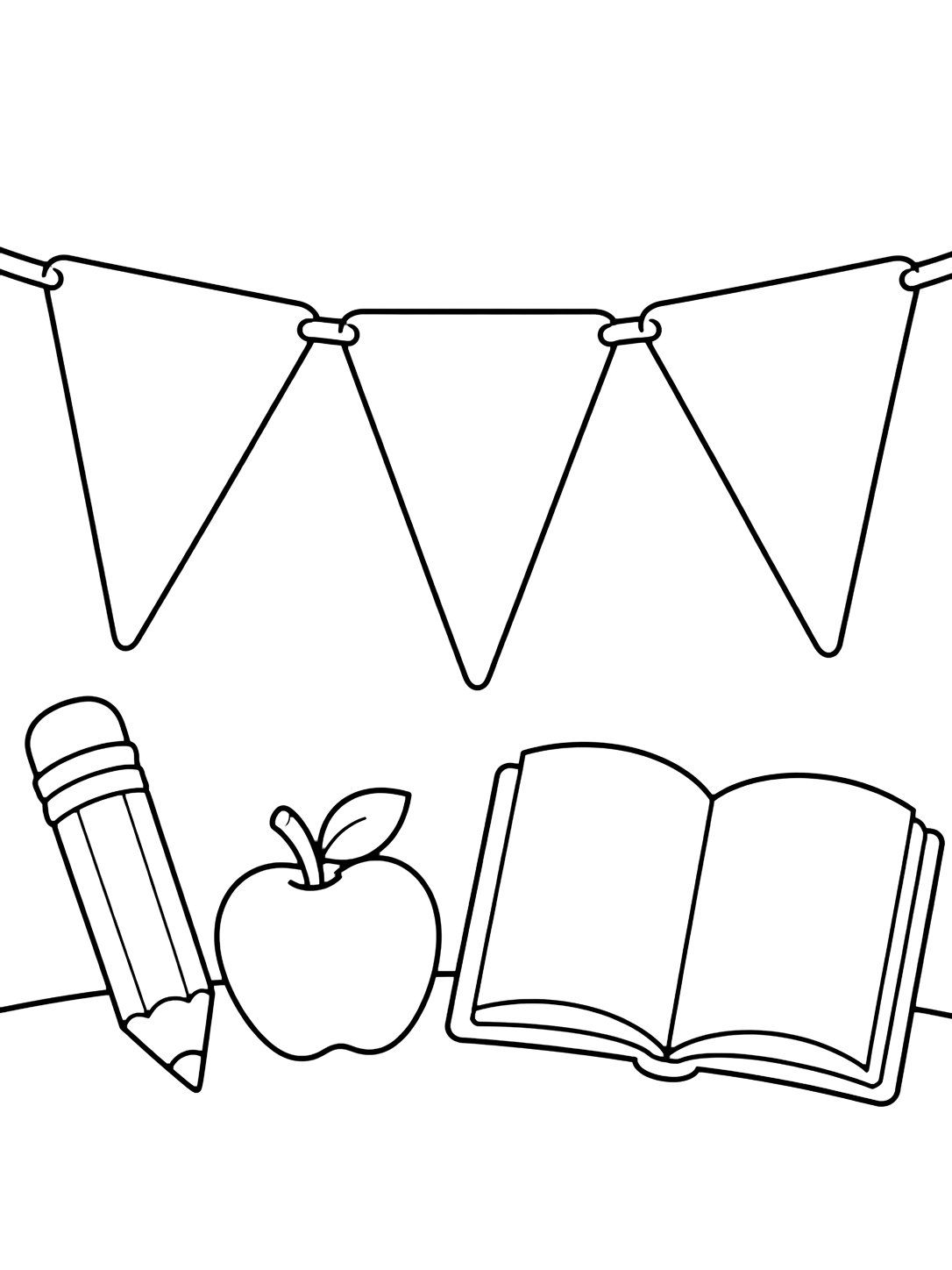 Disegno da colorare con tre grandi bandierine triangolari vuote appese a una corda semplice, con una matita, una mela e un libro aperto vuoto sotto. Adatto a bambini, scuola, stampa e colorazione online.
