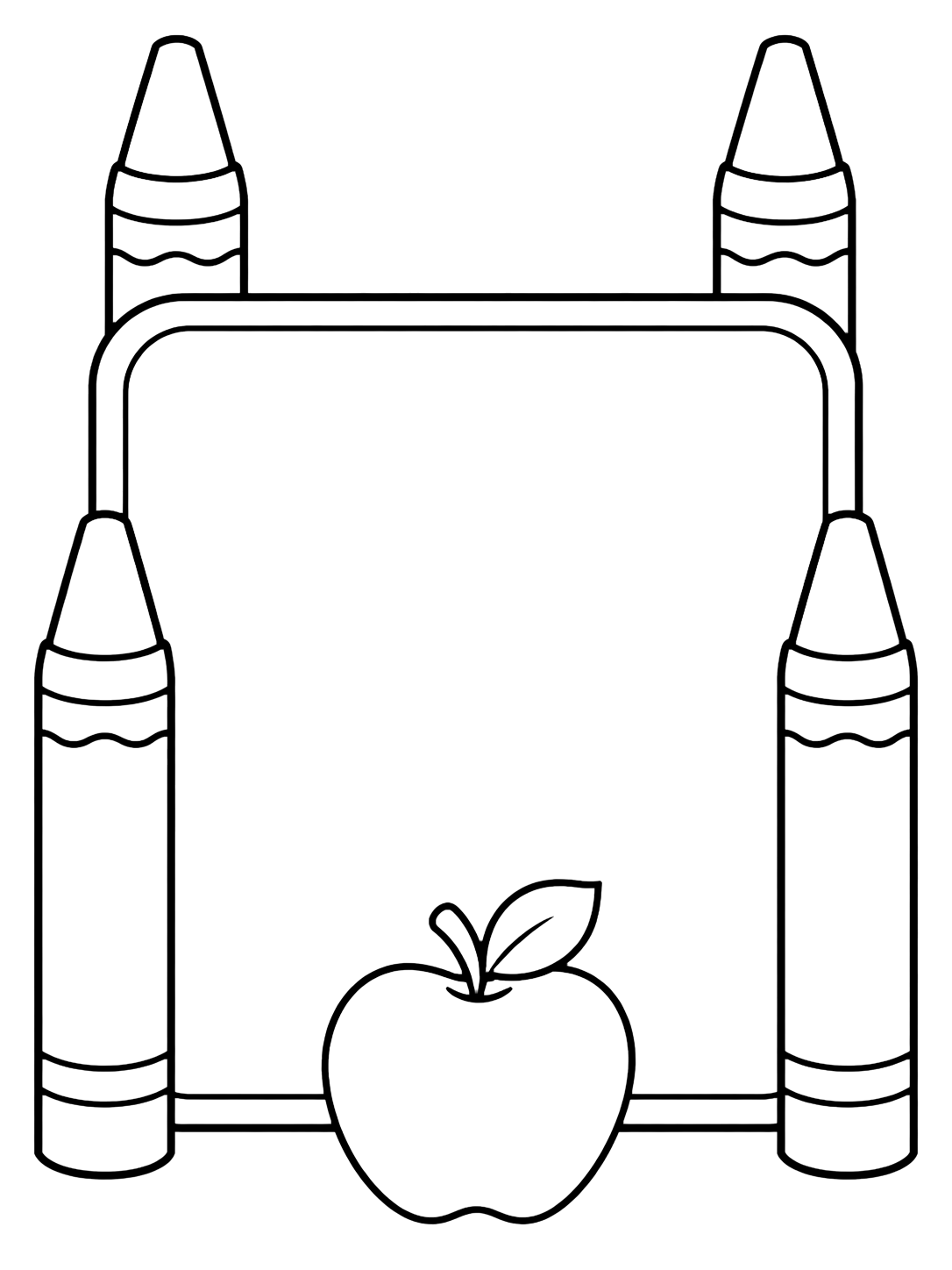 Dibujo para colorear con un cartel de aula grande, redondeado y en blanco con cuatro crayones grandes alrededor y una manzana pequeña en la base. Ideal para niños, actividades escolares, impresión y coloreado online.