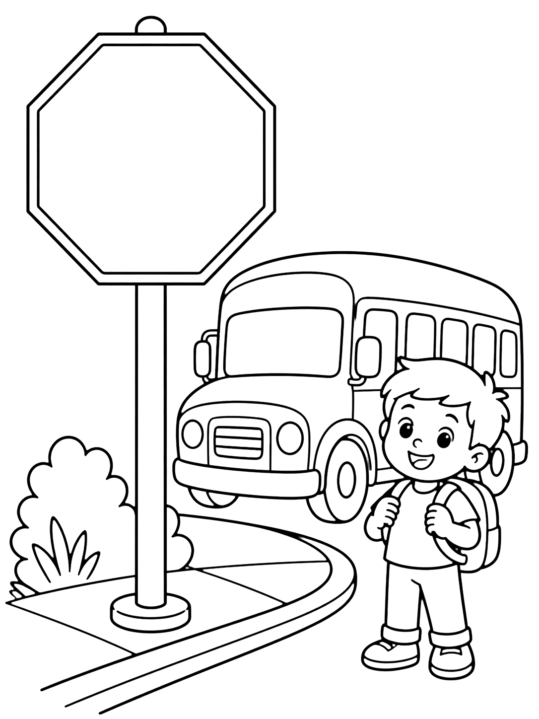 Ausmalbild mit ein großes leeres Schild an einem Pfosten neben einem einfachen Schulbus und einem lächelnden Kind mit Rucksack. Geeignet für Kinder, Schulstart, Ausdrucke und Online-Ausmalen.