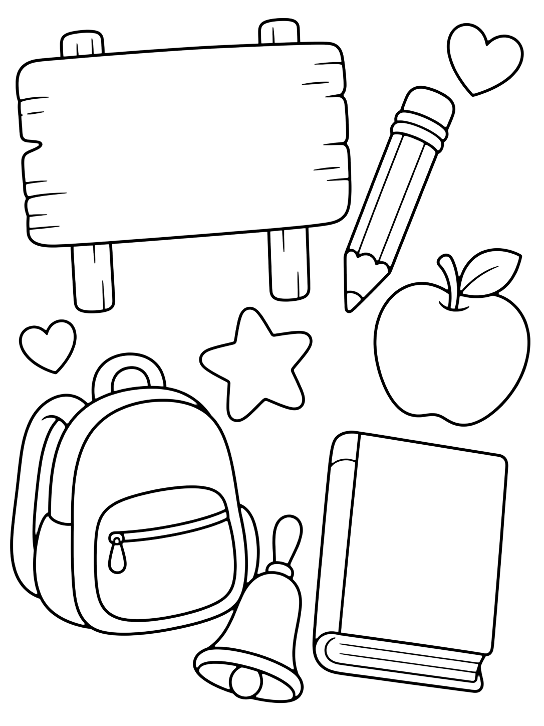 Dibujo para colorear con un grupo doodle suelto de iconos escolares grandes con cartel en blanco, mochila, manzana, lápiz, campana, libro en blanco, estrella y corazones. Ideal para niños, actividades escolares, impresión y coloreado online.