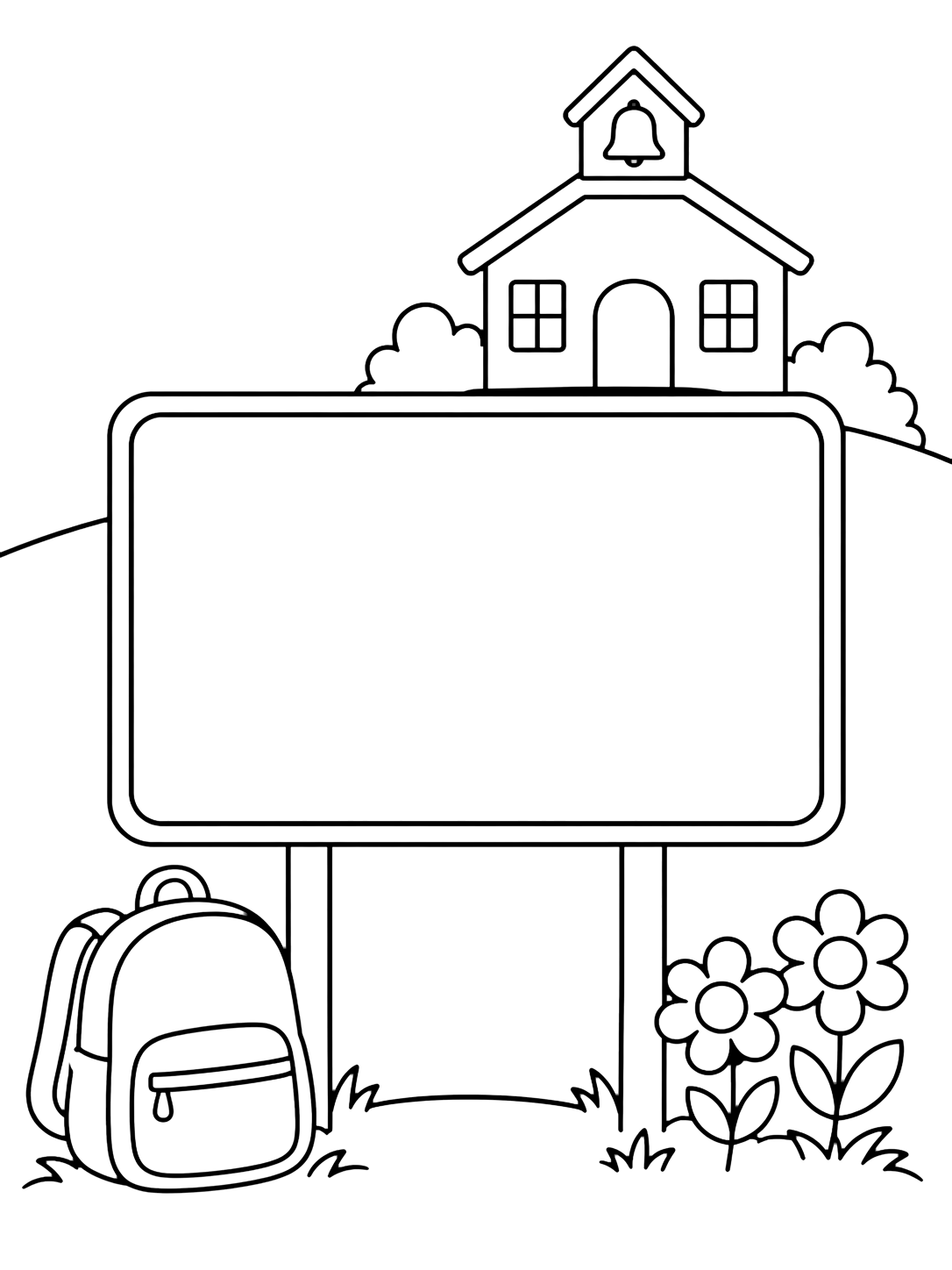 Dibujo para colorear con un gran cartel de patio en blanco sobre dos estacas, con una escuela sencilla detrás, una mochila y dos flores. Ideal para niños, actividades escolares, impresión y coloreado online.