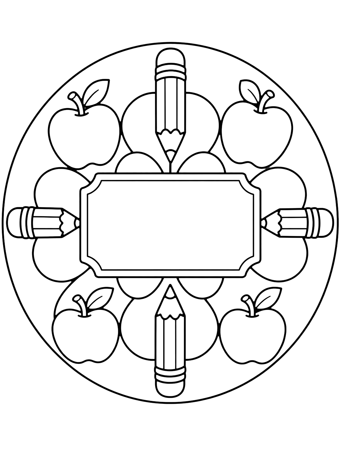 Disegno da colorare con un mandala rotondo semplice con un grande cartello vuoto al centro, quattro grandi matite, quattro mele e petali arrotondati ampi. Adatto a bambini, scuola, stampa e colorazione online.