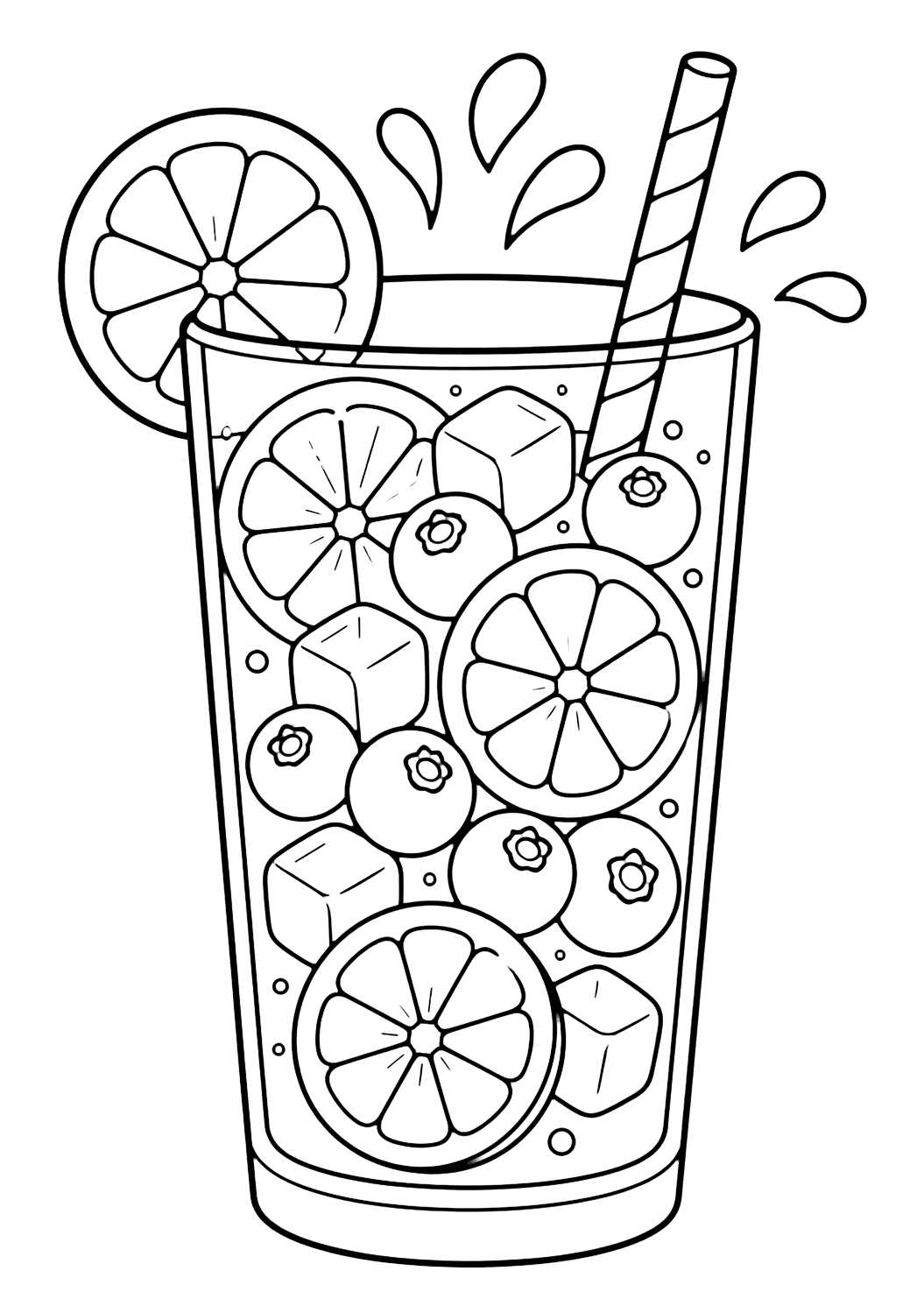 Disegno di limonata da colorare con un bicchiere alto di limonata ai mirtilli con mirtilli, rondelle di limone, cubetti di ghiaccio, cannuccia a righe e schizzi semplici. Adatto a bambini, stampa e colorazione online.
