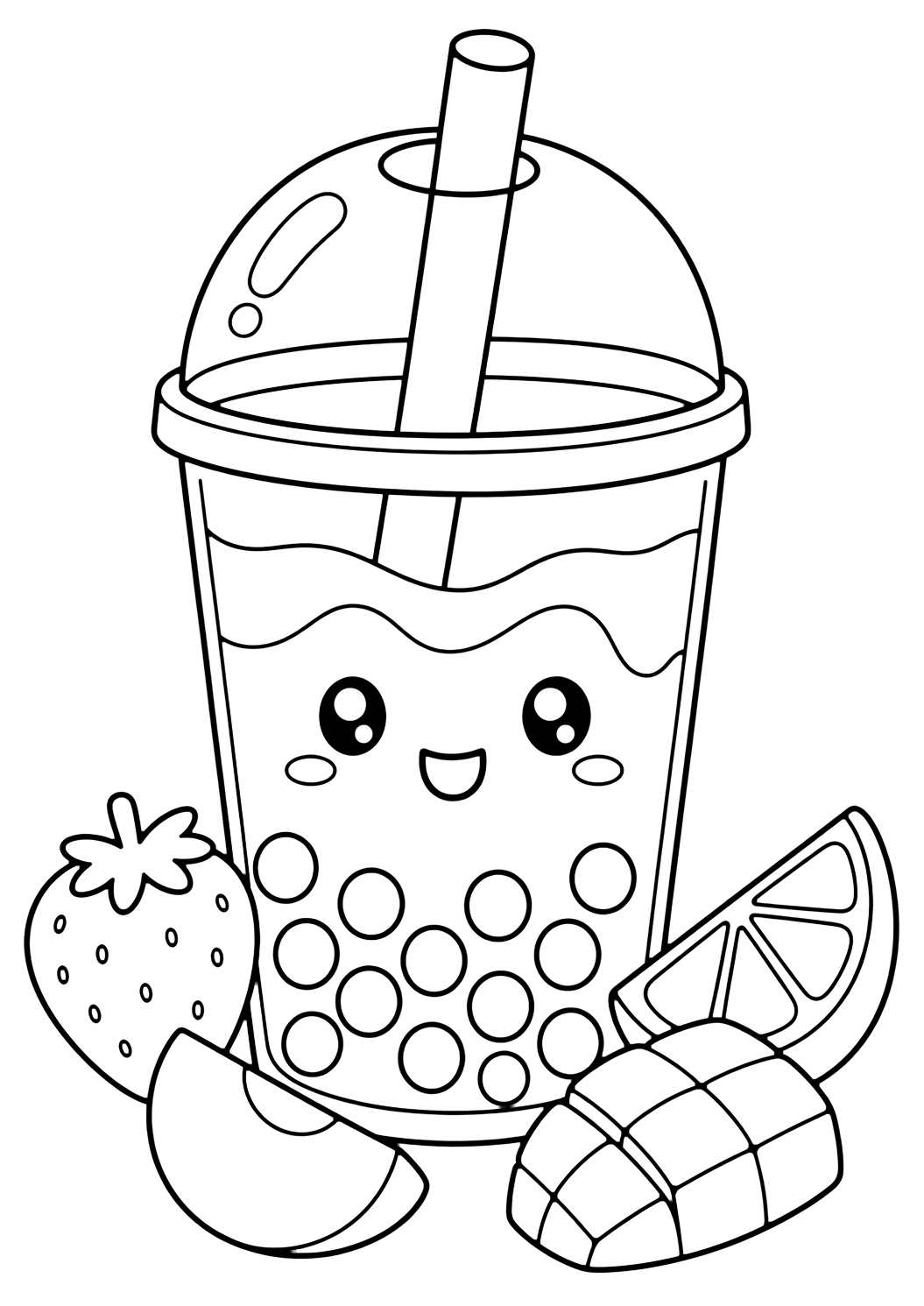 Getränke-Ausmalbild mit einen großen Bubble-Tea-Becher mit Kuppeldeckel, breitem Strohhalm, Tapioka-Perlen, lächelndem Gesicht und großen Fruchtstücken. Geeignet für Kinder, Ausdrucke und Online-Ausmalen.