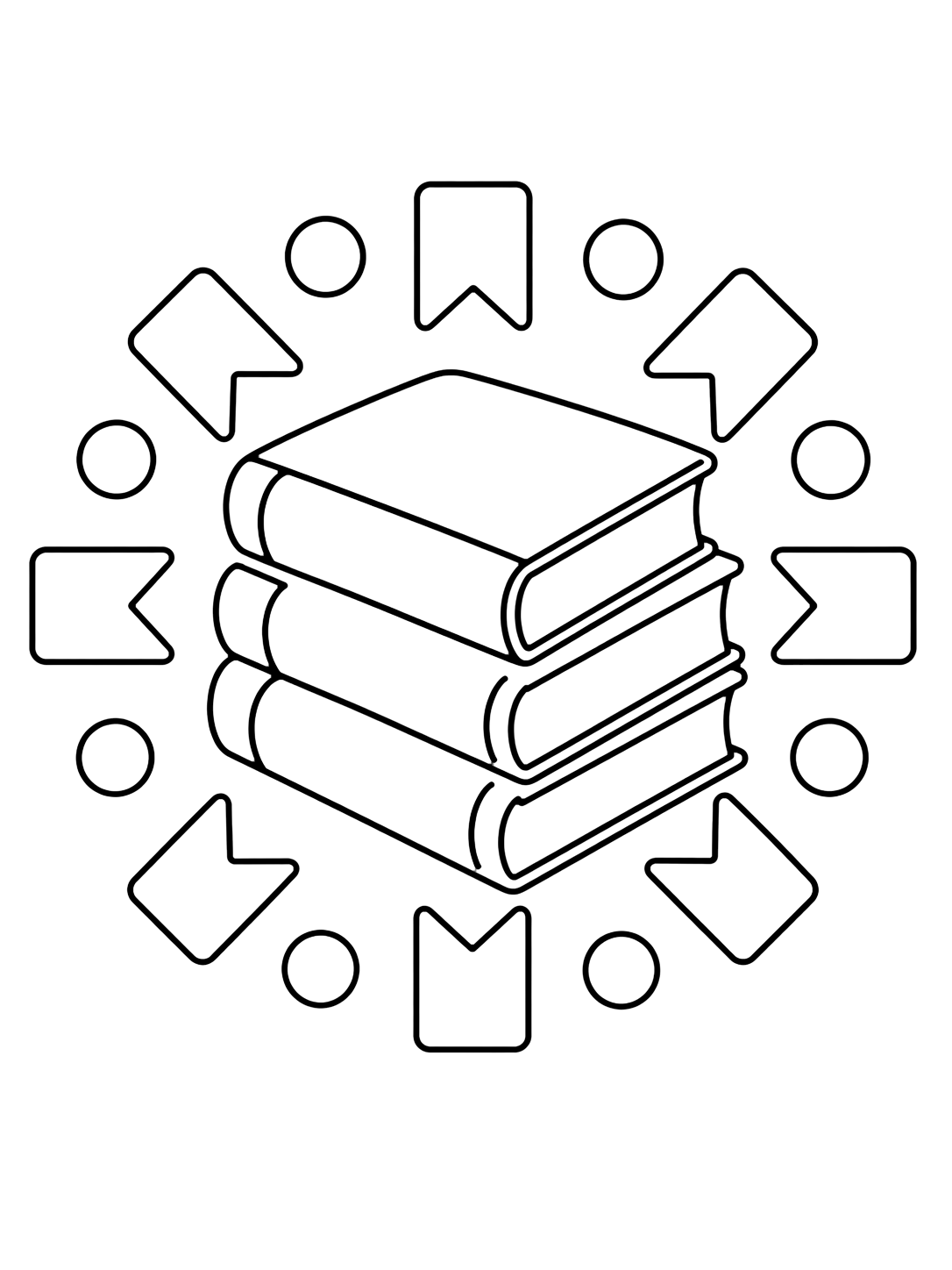 Ausmalbild mit das Motiv "Bücherstapel-Mandala" in einem einfachen runden Mandala mit großen Schulbuchformen. Geeignet für Kinder, Schulstart, Ausdrucke und Online-Ausmalen.