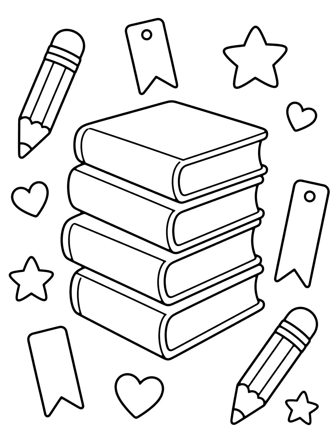 Ausmalbild mit das Motiv "Bücherstapel mit Doodle-Lesezeichen" mit großen Doodle-Elementen, leeren Seiten und wenigen Schuldetails. Geeignet für Kinder, Schulstart, Ausdrucke und Online-Ausmalen.