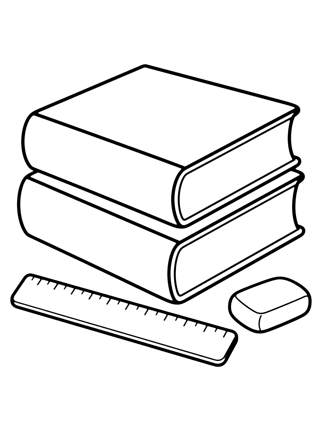 Dibujo para colorear con el motivo «libros escolares y regla» con libros escolares grandes, cubiertas en blanco y detalles escolares sencillos. Ideal para niños, actividades escolares, impresión y coloreado online.