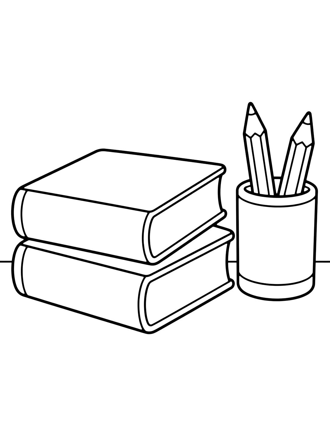 Dibujo para colorear con el motivo «libros escolares y bote de lápices» con libros escolares grandes, cubiertas en blanco y detalles escolares sencillos. Ideal para niños, actividades escolares, impresión y coloreado online.