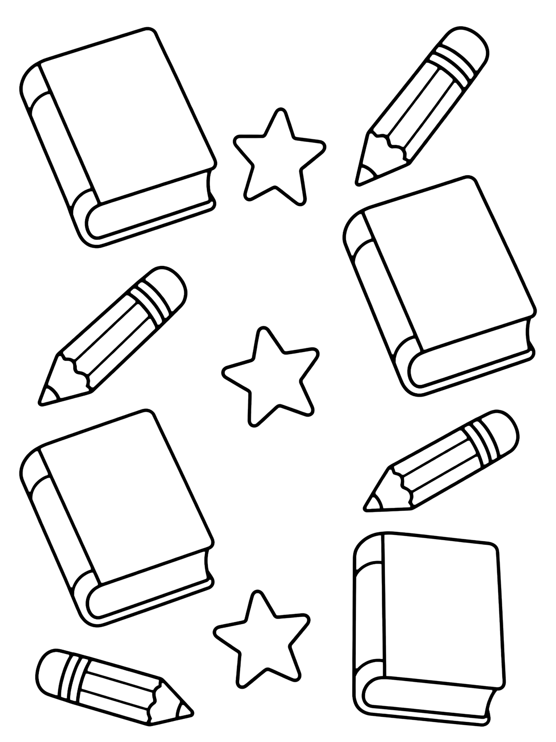 Dibujo para colorear con el motivo «patrón de libros y lápices» como un patrón amplio con libros escolares grandes repetidos. Ideal para niños, actividades escolares, impresión y coloreado online.