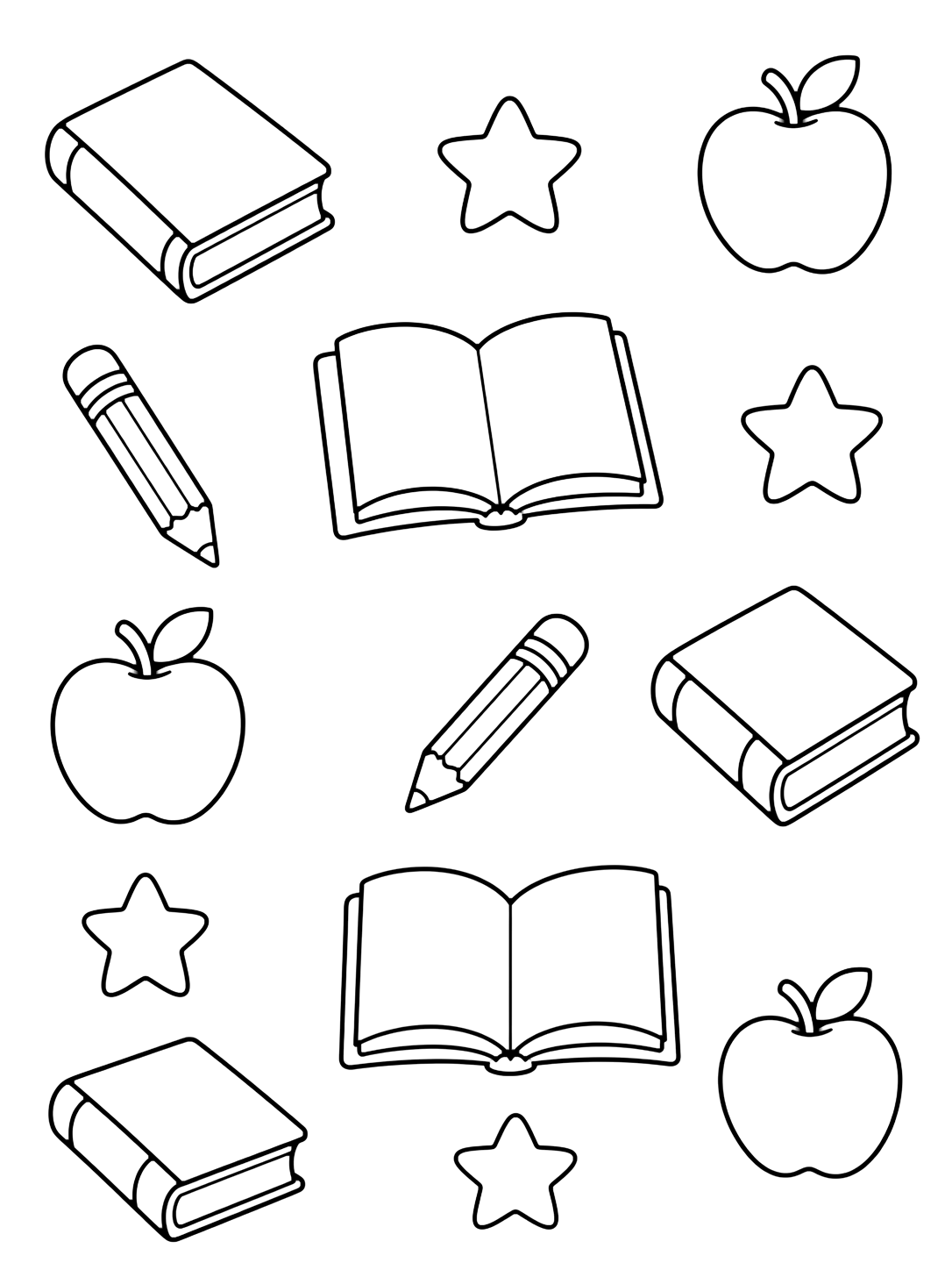classroom books and stars pattern coloring page with a repeating pattern with closed books, open blank books, pencils, apples, and simple star shapes for kids