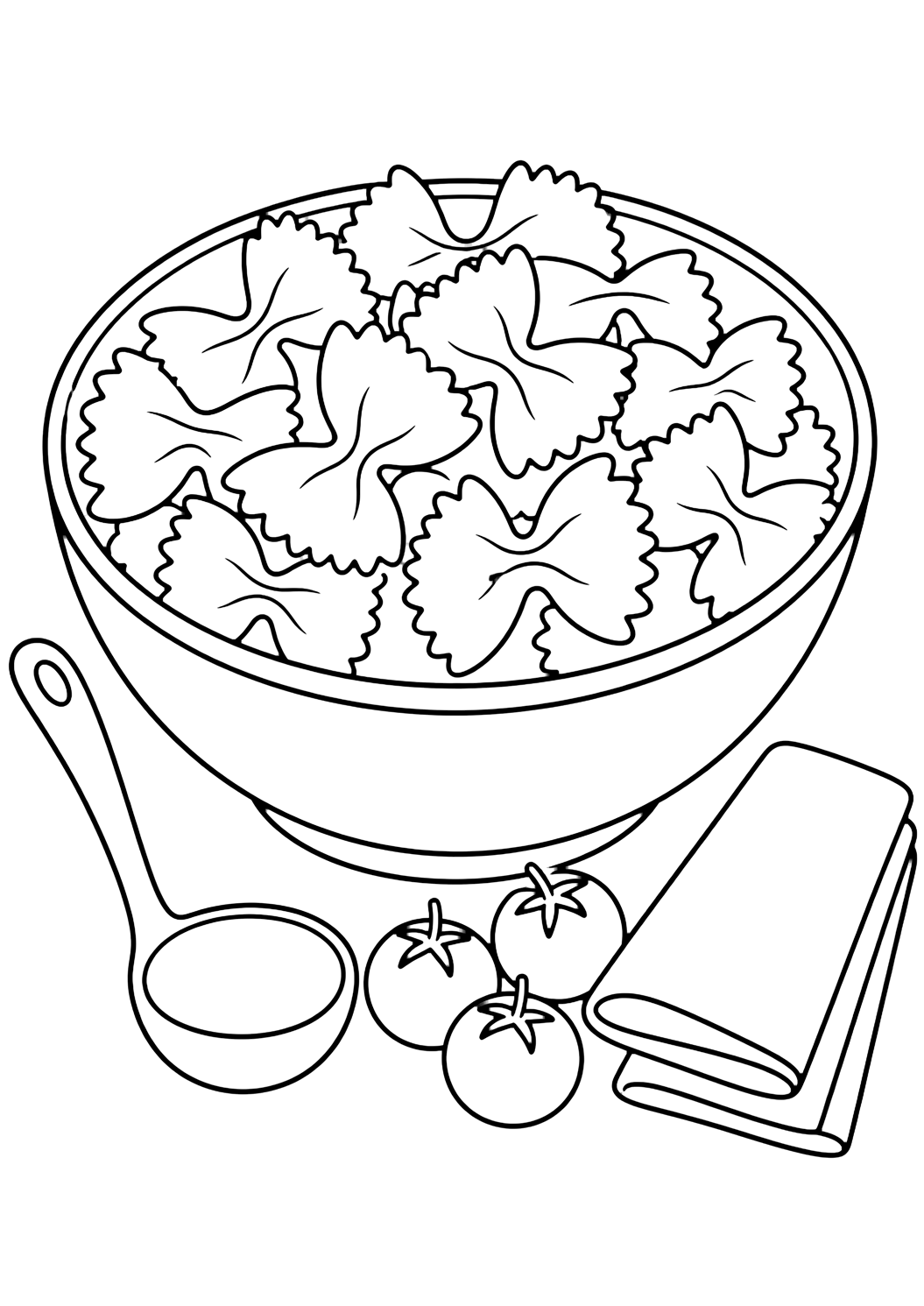 Dibujo de comida para colorear con un bol alegre de pasta farfalle con formas grandes de lazo, un pequeño cucharón de salsa, tres tomates cherry y una servilleta doblada sin texto. Ideal para niños, impresión y coloreado online.