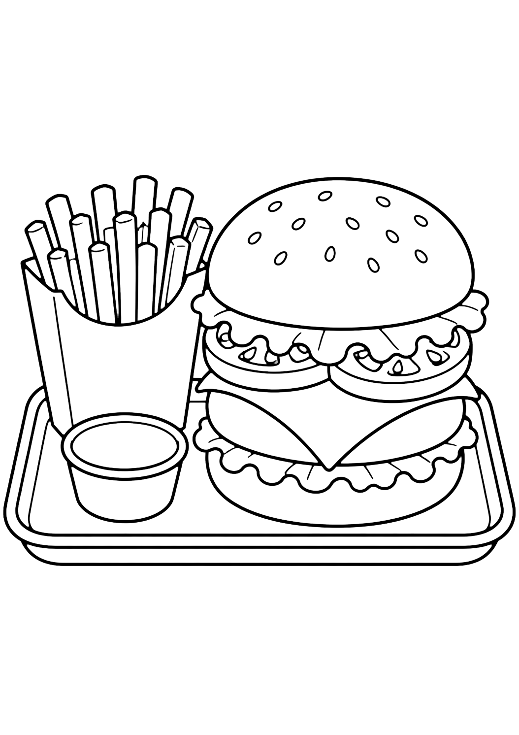 Coloriage de nourriture avec un burger sur un plateau avec une petite barquette de frites, une coupelle de sauce vide, des couches de salade, fromage et tomate, et quelques graines de sésame. Idéal pour enfants, impression et coloriage en ligne.