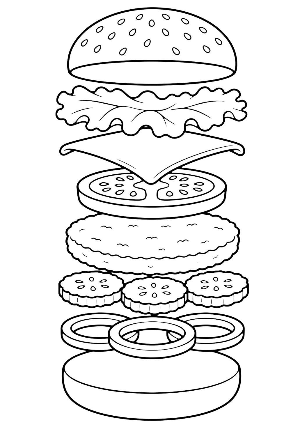 Coloriage de nourriture avec un burger éclaté avec pain du haut, salade, fromage, tomate, steak rond, cornichons, rondelles d'oignon et pain du bas flottant bien en ordre. Idéal pour enfants, impression et coloriage en ligne.