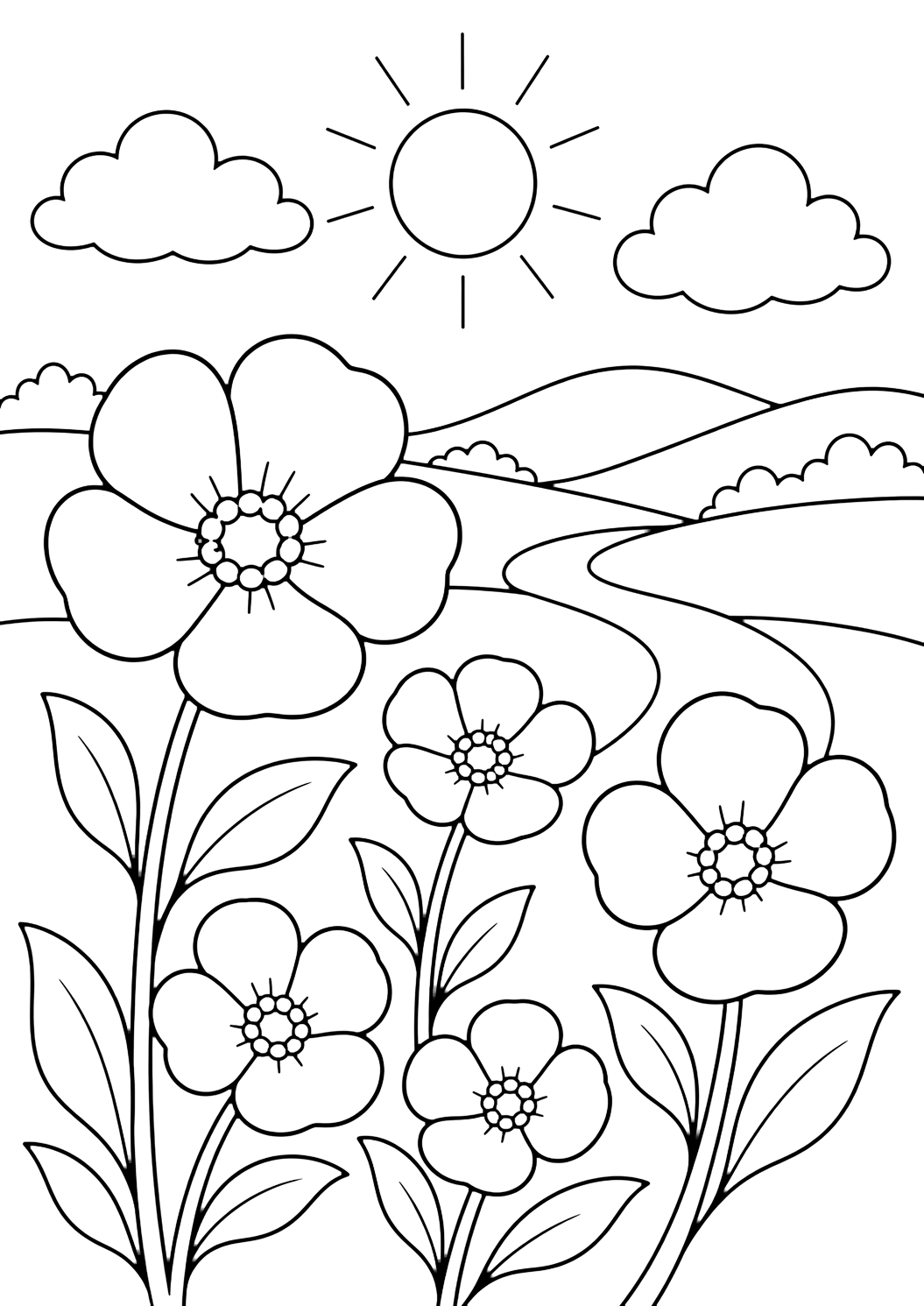 Disegno di campo fiorito da colorare con un prato di campagna soleggiato con diversi grandi ranuncoli in primo piano, petali arrotondati, steli e foglie semplici, un sentiero curvo, colline basse, due grandi nuvole e cielo aperto. Adatto a bambini, natura, stampa e colorazione online.