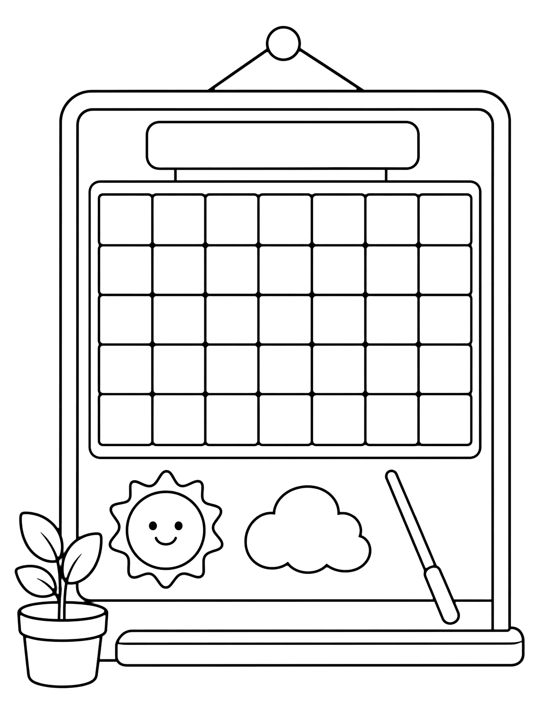 classroom calendar corner coloring page with a classroom calendar corner with a blank calendar grid, sun icon, cloud icon, pointer stick, and little plant for kids