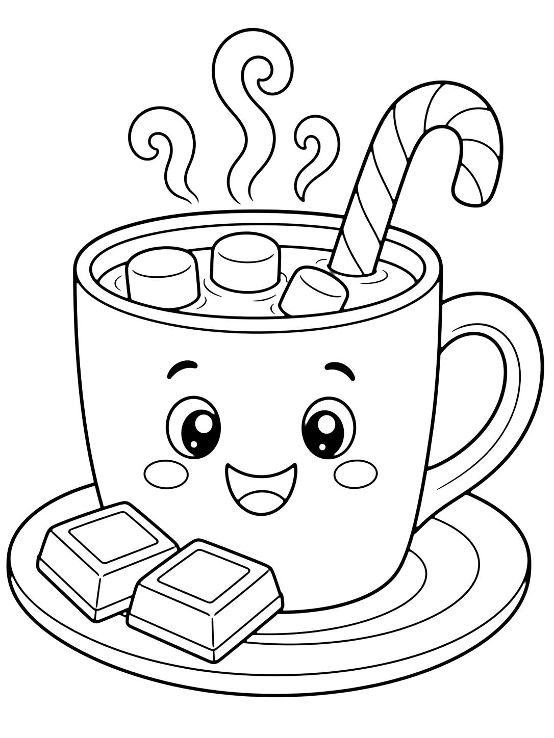 candy cane hot chocolate coloring page with simple hot chocolate line art for kids
